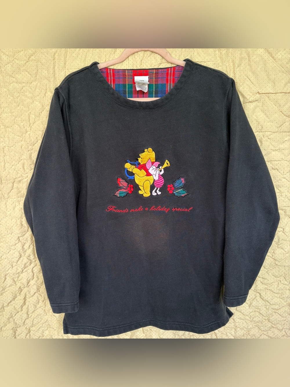 VTG Disney Store Winnie the Pooh Sz Medium Holiday Tunic Sweatshirt Plaid Trim